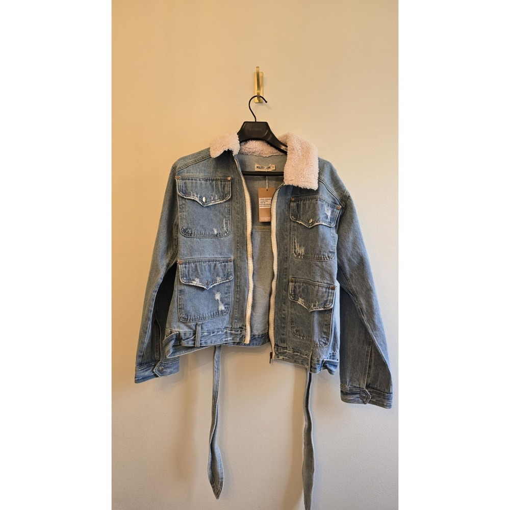 Malibu Bum Denim Jacket Sherpa‎ Collar Tie Waist Utility Blue Medium NWT